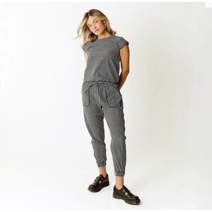 Albion Fit Gingham Black Check Jumpsuit Cap Sleeve Drawstring Waist Size Medium